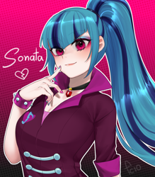 Size: 2000x2280 | Tagged: safe, artist:fried_chicken10, sonata dusk, equestria girls, rainbow rocks, anti-villainess, bracelet, digital art, female, floating heart, happy, heart, human coloration, jewelry, looking at you, multicolored hair, nail polish, necklace, patterned background, pink eyes, ponytail, smiling, smiling at you, solo, watermark
