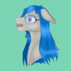 Size: 768x768 | Tagged: safe, artist:starly_but, oc, oc only, pegasus, pony, blue background, bust, floppy ears, glasses, open mouth, pegasus oc, signature, simple background, solo
