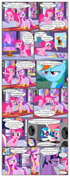 Size: 612x1552 | Tagged: safe, artist:newbiespud, edit, edited screencap, screencap, dj pon-3, pinkie pie, queen chrysalis, rainbow dash, rarity, twilight sparkle, vinyl scratch, alicorn, earth pony, pegasus, pony, unicorn, comic:friendship is dragons, a canterlot wedding, g4, ..., angry, bipedal, comic, dancing, dialogue, eyelashes, eyes closed, female, frown, hat, hoof shoes, jewelry, mare, necklace, open mouth, pearl necklace, peytral, pin the tail on the pony, pronking, raised hoof, screencap comic, smiling, speaker, sunglasses, suspicious, tree, turntable, unamused, unicorn twilight