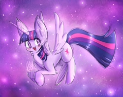 Size: 2048x1617 | Tagged: safe, artist:ellys.art.gallery, twilight sparkle, alicorn, pony, g4, :d, abstract background, big ears, blushing, cute, ear fluff, female, flying, mare, neck fluff, open mouth, purple background, signature, simple background, smiling, solo, stars, twiabetes, twilight sparkle (alicorn)