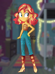 Size: 1152x1536 | Tagged: safe, artist:saltymango, sunset shimmer, equestria girls, g4, alternate clothes, alternate hairstyle, annoyed look, bare shoulders, beautiful, boots, clothes, cute, female, hand on hip, high heel boots, high heels, looking sideways, pants, shimmerbetes, shoes, solo, tube top