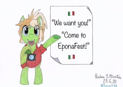 Size: 2048x1448 | Tagged: safe, artist:rusvelt46, oc, oc only, oc:milli, earth pony, pony, camera, clothes, eponafest, female, italy, jacket, smiling, smiling at you, traditional art