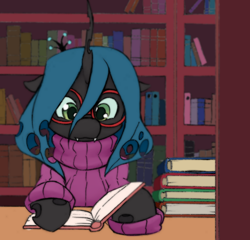 Size: 800x768 | Tagged: safe, artist:aisureimi, artist:trickynicky, edit, queen chrysalis, changeling, changeling queen, insect, g4, adorkable, book, bookshelf, clothes, cute, cute little fangs, cutealis, dork, dorkalis, fangs, female, focused, glassalys, glasses, library, meganekko, nerd, reading, solo, sweater, sweater dress, turtleneck