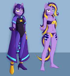 Size: 1082x1170 | Tagged: safe, artist:caroo, oc, oc only, oc:countess silentmoon, unicorn, anthro, plantigrade anthro, bandeau, barefoot, beckoning, boots, bra, breasts, clothes, feet, horn, panties, partially undressed, purple underwear, reference sheet, shoes, simple background, underwear, unicorn oc, yellow underwear