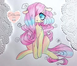 Size: 1080x930 | Tagged: safe, artist:dollbunnie, fluttershy, pony, g4, blushing, colored pencil drawing, female, girly, messy mane, nervous, solo, traditional art