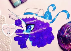 Size: 1080x778 | Tagged: safe, artist:dollbunnie, rarity, pony, unicorn, g4, blushing, female, girly, hat, marker drawing, solo, traditional art