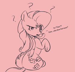 Size: 1369x1316 | Tagged: safe, artist:nookprint, fluttershy, pegasus, pony, g4, beanbrows, both cutie marks, butt, confused, dialogue, eyebrows, female, flutterbutt, innocent, lineart, looking at you, looking back, mare, monochrome, pink background, plot, question mark, raised eyebrow, raised hoof, simple background, solo, thick, underhoof