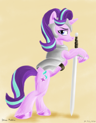 Size: 2200x2800 | Tagged: safe, artist:rockhoppr3, starlight glimmer, pony, unicorn, g4, armor, bipedal, bipedal leaning, female, high res, leaning, looking at you, mare, simple background, solo, sword, unshorn fetlocks, weapon