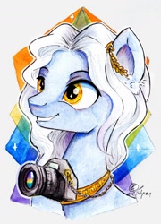 Size: 1024x1420 | Tagged: safe, artist:lailyren, oc, oc only, oc:proskenion, crystal pony, pony, actor, bust, camera, fanfic art, male, portrait, smiling, solo, stallion, traditional art, watercolor painting, yay