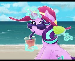 Size: 750x611 | Tagged: safe, artist:cadetredshirt, starlight glimmer, pony, unicorn, g4, beach, clothes, cute, drink, drinking, female, glimmerbetes, hand fan, hat, levitation, looking at you, magic, mare, ocean, oversized hat, sand, solo, sunglasses, telekinesis