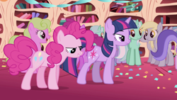 Size: 1920x1080 | Tagged: safe, screencap, derpy hooves, lyra heartstrings, pinkie pie, twilight sparkle, earth pony, pony, unicorn, cakes for the memories, g4, my little pony: friendship is forever, golden oaks library, self ponidox, unicorn twilight
