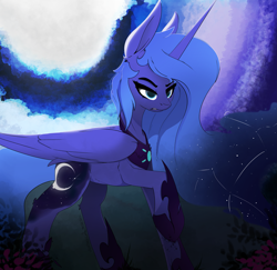 Size: 3603x3508 | Tagged: safe, artist:therealf1rebird, princess luna, alicorn, pony, g4, angry, armor, ethereal mane, female, grass, high res, horn, moon, s1 luna, solo, starry mane, wings