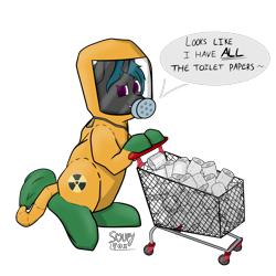 Size: 3000x3000 | Tagged: safe, artist:soupyfox, oc, oc only, oc:omega672, changeling, pony, cart, commission, coronavirus, hazmat suit, high res, ionizing radiation warning symbol, pushing, simple background, solo, text, toilet paper, toilet paper roll, transparent background