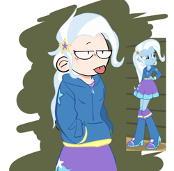 Size: 640x630 | Tagged: safe, artist:golden-80s, trixie, human, equestria girls, g4, my little pony equestria girls: rainbow rocks, :p, clothes, female, hand in pocket, hoodie, human coloration, humanized, lidded eyes, no nose, solo, tongue out
