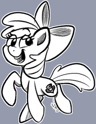 Size: 607x780 | Tagged: safe, artist:binkyt11, apple bloom, earth pony, pony, g4, apple bloom's bow, bow, female, filly, gray background, hair bow, monochrome, signature, simple background, solo