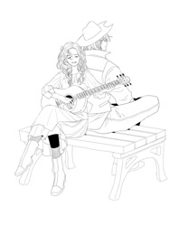 Size: 800x960 | Tagged: safe, artist:bartolomeus_, bright mac, pear butter, human, g4, the perfect pear, 2010s, 2018, bench, clothes, female, guitar, humanized, lineart, male, musical instrument, palindrome get, ship:brightbutter, shipping, sitting, straight
