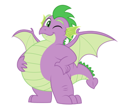 Size: 1280x1133 | Tagged: safe, artist:aleximusprime, spike, dragon, flurry heart's story, g4, adult, adult spike, belly, chubby, cute, fat, fat spike, hand on belly, looking at you, male, older, older spike, one eye closed, plump, simple background, solo, transparent background, vector, winged spike, wings, wink, winking at you