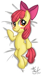 Size: 700x1264 | Tagged: safe, artist:artmenet, apple bloom, earth pony, pony, g4, 2010s, 2015, blushing, body pillow, bow, female, filly, foal, hair bow, smiling, solo