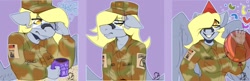 Size: 1280x416 | Tagged: safe, artist:sintacle, derpy hooves, pegasus, anthro, g4, army, balloon, breasts, busty derpy hooves, clothes, coffee, coffee mug, commission, confetti, digital art, emotions, female, glasses, hat, looking at you, mug, party hat, simple background, smiling, smiling at you, solo, spread wings, wings
