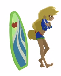 Size: 1819x2286 | Tagged: safe, artist:examonedayago, applejack, blue crushed, equestria girls, g4, my little pony equestria girls: better together, 2010s, 2019, barefoot, clothes, feet, female, simple background, solo, surfboard, swimsuit, white background
