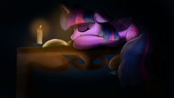 Size: 2048x1152 | Tagged: safe, artist:sadtrooper, twilight sparkle, alicorn, pony, g4, book, candle, eyes closed, female, floppy ears, folded wings, mare, prone, sleeping, smiling, solo, twilight sparkle (alicorn), wings