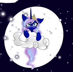 Size: 1080x1072 | Tagged: safe, artist:bellas.den, princess luna, alicorn, pony, g4, 2010s, 2019, cloud, ethereal mane, female, full moon, mare, moon, night, on a cloud, solo, starry mane, stars