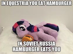 Size: 666x500 | Tagged: safe, edit, twilight sparkle, alicorn, pony, g4, bread, burger, caption, cheese, cheeseburger, eating, female, food, hamburger, image macro, irl, lying down, mare, meat, meme, on side, photo, pillow, plushie, plushie eating a plushie, ponies eating meat, sliced cheese, solo, text, that pony sure does love burgers, tomato, twilight sparkle (alicorn), twilight sparkle plushie