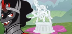 Size: 1248x600 | Tagged: safe, artist:background-conquerer, artist:happyperson14, edit, edited screencap, screencap, cozy glow, king sombra, lord tirek, queen chrysalis, g4, the ending of the end, legion of doom, legion of doom statue, looking back, statue