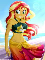 Size: 1430x1900 | Tagged: safe, artist:the-butch-x, sunset shimmer, equestria girls, g4, my little pony equestria girls: better together, adorasexy, arm behind head, beach, beautiful, beautisexy, belly button, bikini, blushing, breasts, busty sunset shimmer, clothes, cloud, crepuscular rays, cute, cutie mark, cutie mark on clothes, exposed belly, female, happy, leaning back, multicolored hair, ocean, outdoors, pier, sand, sarong, sexy, shimmerbetes, shiny skin, sky, smiling, solo, standing, summer, summer sunset, sunlight, swimsuit, teal eyes