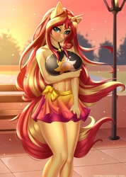 Size: 2850x4000 | Tagged: safe, artist:anxiety-chan, sunset shimmer, unicorn, anthro, adorasexy, arm under breasts, bench, black swimsuit, blushing, breasts, busty sunset shimmer, clothes, cute, cutie mark on clothes, cutie mark swimsuit, ear fluff, jeweled swimsuit, lake, lidded eyes, long hair, looking at you, park, sarong, sexy, shimmerbetes, summer sunset, swimsuit