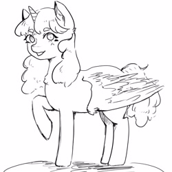 Size: 3000x3000 | Tagged: safe, artist:nieshjj, oc, oc only, alicorn, pony, alicorn oc, cute, grayscale, high res, horn, looking at you, monochrome, random pony, sketch, solo, wings