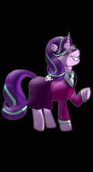 Size: 1080x1998 | Tagged: safe, artist:fantasyworlddraws, starlight glimmer, pony, unicorn, g4, black background, clothes, eyebrows, eyes closed, female, mare, older, older starlight glimmer, raised hoof, simple background, skirt, solo, suit