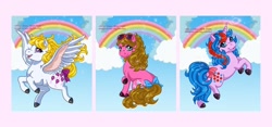 Size: 1024x480 | Tagged: safe, artist:honeykitten, buttons (g1), shady, surprise, pony, g1, bow, tail bow