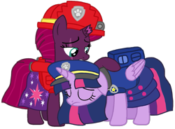 Size: 1357x1000 | Tagged: safe, alternate version, artist:徐詩珮, fizzlepop berrytwist, tempest shadow, twilight sparkle, alicorn, pony, unicorn, series:sprglitemplight diary, series:sprglitemplight life jacket days, series:springshadowdrops diary, series:springshadowdrops life jacket days, g4, alternate universe, background removed, backpack, base used, broken horn, chase (paw patrol), clothes, cute, cutie mark, cutie mark on clothes, dress, eye scar, eyelashes, eyes closed, female, frown, hat, helmet, horn, lesbian, marshall (paw patrol), paw patrol, paw prints, raised hoof, scar, ship:tempestlight, shipping, simple background, tempestbetes, transparent background, twiabetes, twilight sparkle (alicorn)