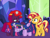 Size: 1440x1080 | Tagged: safe, artist:徐詩珮, fizzlepop berrytwist, sunset shimmer, tempest shadow, twilight sparkle, alicorn, pony, unicorn, series:sprglitemplight diary, series:sprglitemplight life jacket days, series:springshadowdrops diary, series:springshadowdrops life jacket days, g4, alternate universe, backpack, base used, broken horn, chase (paw patrol), clothes, crying, cute, cutie mark, cutie mark on clothes, dress, eye scar, eyelashes, eyes closed, female, frown, hat, helmet, horn, indoors, lesbian, marshall (paw patrol), paw patrol, paw prints, raised hoof, scar, ship:tempestlight, shipping, tempestbetes, twiabetes, twilight sparkle (alicorn)
