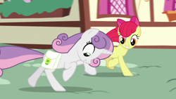 Size: 1920x1080 | Tagged: safe, screencap, apple bloom, sweetie belle, earth pony, unicorn, g4, growing up is hard to do, bag, female, horn, looking down, mare, older, older apple bloom, older sweetie belle, running, saddle bag