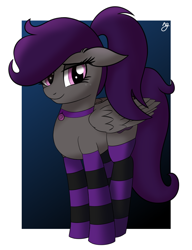 Size: 990x1290 | Tagged: safe, artist:ngnir, oc, oc only, oc:violet shade, pegasus, pony, abstract background, choker, clothes, female, freckles, mare, socks, solo, striped socks