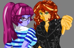 Size: 1280x828 | Tagged: safe, artist:jennobasilicum, sci-twi, sunset shimmer, twilight sparkle, equestria girls, g4, alternate hairstyle, anatomically incorrect, breasts, clothes, eyeshadow, female, glasses, gray background, jacket, leather jacket, lesbian, makeup, ship:sci-twishimmer, ship:sunsetsparkle, shipping, shirt, simple background, smiling, smirk, thumbs down