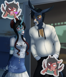 Size: 2736x3160 | Tagged: safe, artist:askbubblelee, oc, oc only, oc:annie belle, oc:daniel dasher, oc:phineas pennypincher jr., donkey, dracony, dragon, hybrid, pony, anthro, angry, anneas, anthro oc, bedroom eyes, blushing, digital art, facial hair, female, high res, lidded eyes, looking away, male, mare, moustache, muleicorn, stallion