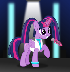 Size: 3987x4104 | Tagged: safe, artist:anime-equestria, twilight sparkle, alicorn, pony, g4, alternate hairstyle, bracelet, clothes, cute, cutie mark, female, happy, hatsune miku, horn, jacket, jewelry, levitation, lights, magic, magic aura, mare, microphone, necktie, pigtails, smiling, solo, stage, telekinesis, twiabetes, twigtails, twilight sparkle (alicorn), twintails, vocaloid, wings