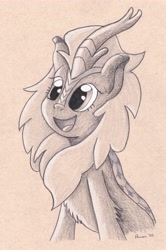 Size: 3335x5037 | Tagged: safe, artist:peruserofpieces, cinder glow, summer flare, kirin, g4, bust, female, happy, horn, pencil drawing, scales, smiling, solo, toned paper, traditional art