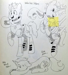 Size: 931x1024 | Tagged: safe, artist:neonkalistar202, pony, unicorn, bone, boots, briefs, clothes, crossover, ink drawing, korean, magic, papyrus (undertale), ponified, scarf, shoes, smiling, solo, traditional art, undertale, underwear