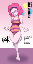 Size: 984x1860 | Tagged: safe, artist:oldskullkid, part of a set, pinkie pie, equestria girls, g4, barefoot, belly button, breasts, cleavage, clothes, feet, female, glasses, legs, one-piece swimsuit, skin, solo, sunglasses, swimsuit, thighs