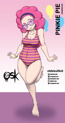 Size: 984x1860 | Tagged: safe, alternate version, artist:oldskullkid, part of a set, pinkie pie, human, g4, barefoot, belly button, breasts, cleavage, clothes, feet, female, glasses, humanized, legs, light skin, one-piece swimsuit, skin, solo, sunglasses, swimsuit, thighs