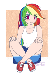 Size: 994x1351 | Tagged: safe, artist:puetsua, color edit, edit, editor:michaelsety, rainbow dash, human, equestria girls, g4, anime, blushing, breasts, clothes, crossed legs, cute, dashabetes, eye clipping through hair, female, hands on knees, happy, human coloration, humanized, light skin, light skin edit, long hair, multicolored hair, no pupils, no socks, patterned background, pink eyes, rainbow hair, shoes, shorts, sitting, sitting on floor, skin color edit, small breasts, smiling, sneakers, solo, sporty style, tank top, tomboy, watermark
