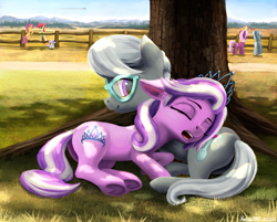 Size: 2688x2160 | Tagged: safe, artist:robsa990, apple bloom, big macintosh, cheerilee, diamond tiara, marble pie, rainbow dash, scootaloo, silver spoon, sugar belle, sweetie belle, earth pony, pegasus, pony, unicorn, butt, butt pillow, cloud, cuddling, cutie mark crusaders, duo focus, female, fence, filly, flying, glasses, grass, jewelry, lesbian, lying down, lying on top of someone, male, mare, nap, necklace, open mouth, plot, shipping, silvertiara, sky, sleeping, snoring, stallion, straight, sugarmac, tiara, tree, underhoof