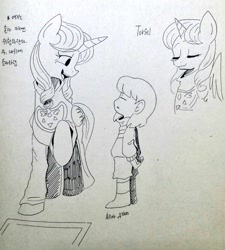 Size: 923x1024 | Tagged: safe, artist:neonkalistar202, alicorn, human, pony, clothes, crossover, eyes closed, frisk, korean, ponified, smiling, toriel, traditional art, undertale
