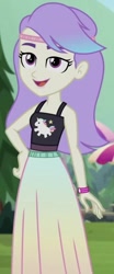 Size: 339x816 | Tagged: safe, screencap, snow flower, equestria girls, equestria girls series, g4, sunset's backstage pass!, spoiler:eqg series (season 2), bracelet, clothes, cropped, dyed hair, female, headband, jewelry, long skirt, skirt, sleeveless, smiling, solo, tank top, two toned mane