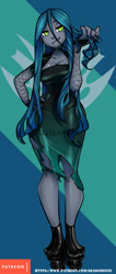 Size: 425x1000 | Tagged: safe, alternate version, artist:srasomeone, queen chrysalis, changeling, changeling queen, equestria girls, g4, clothes, dress, equestria girls-ified, female, fishnet stockings, green eyes, looking at you, patreon, solo, url