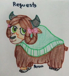 Size: 1536x1695 | Tagged: safe, yona, yak, g4, bow, cloven hooves, colored pencil drawing, cute, female, hair bow, horns, looking at you, marker drawing, monkey swings, smiling, solo, traditional art, yonadorable